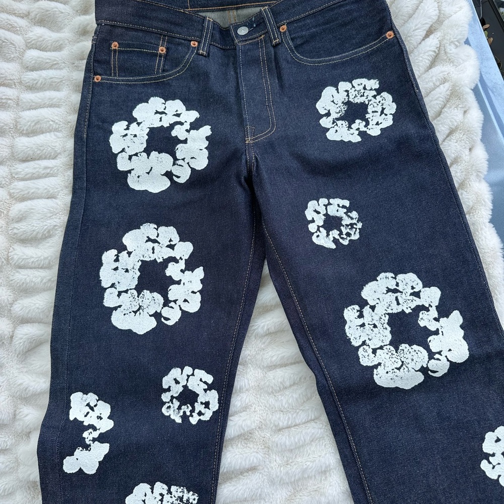 Blue and White Straight Leg Jeans with Floral Pattern